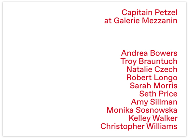 Capitain Petzel at Galerie Mezzanin: Andrea Bowers, Troy Brauntuch, Natalie Czech, Robert Longo, Sarah Morris, Seth Price, Amy Sillman, Monika Sosnowska, Kelley Walker, Christopher Williams, 17.05.–29.06.2019